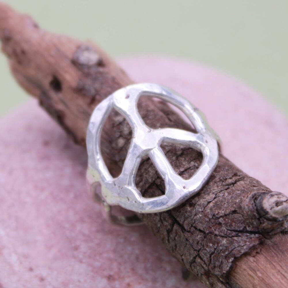 Silver Hammered Peace Sign Ring | Adjustable Boho Band